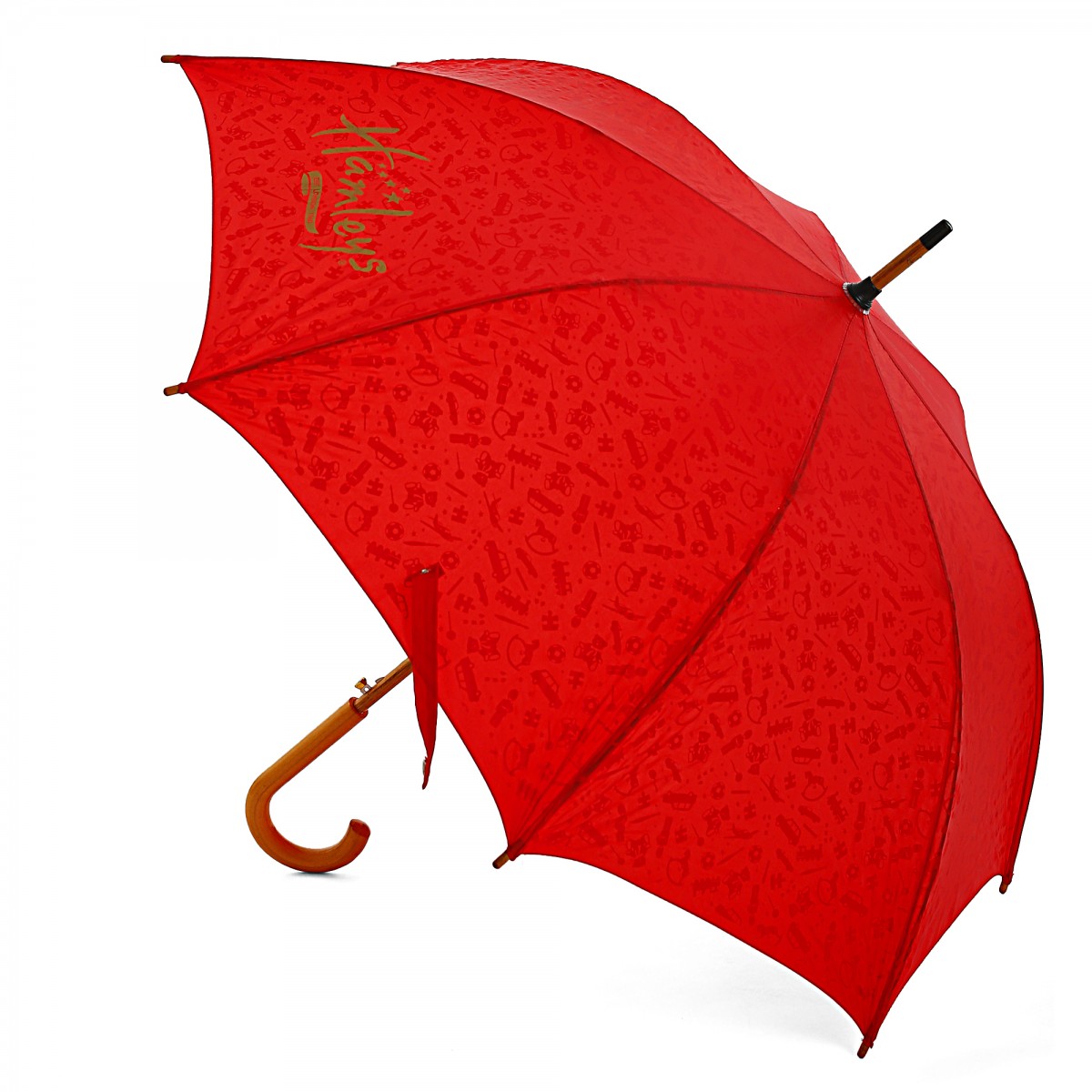 Hamleys London Print 28 inches Single Fold Rain Umbrella with Wooden Bend Handle and Auto Open Long Umbrellas, Kids for 5Y+, Red