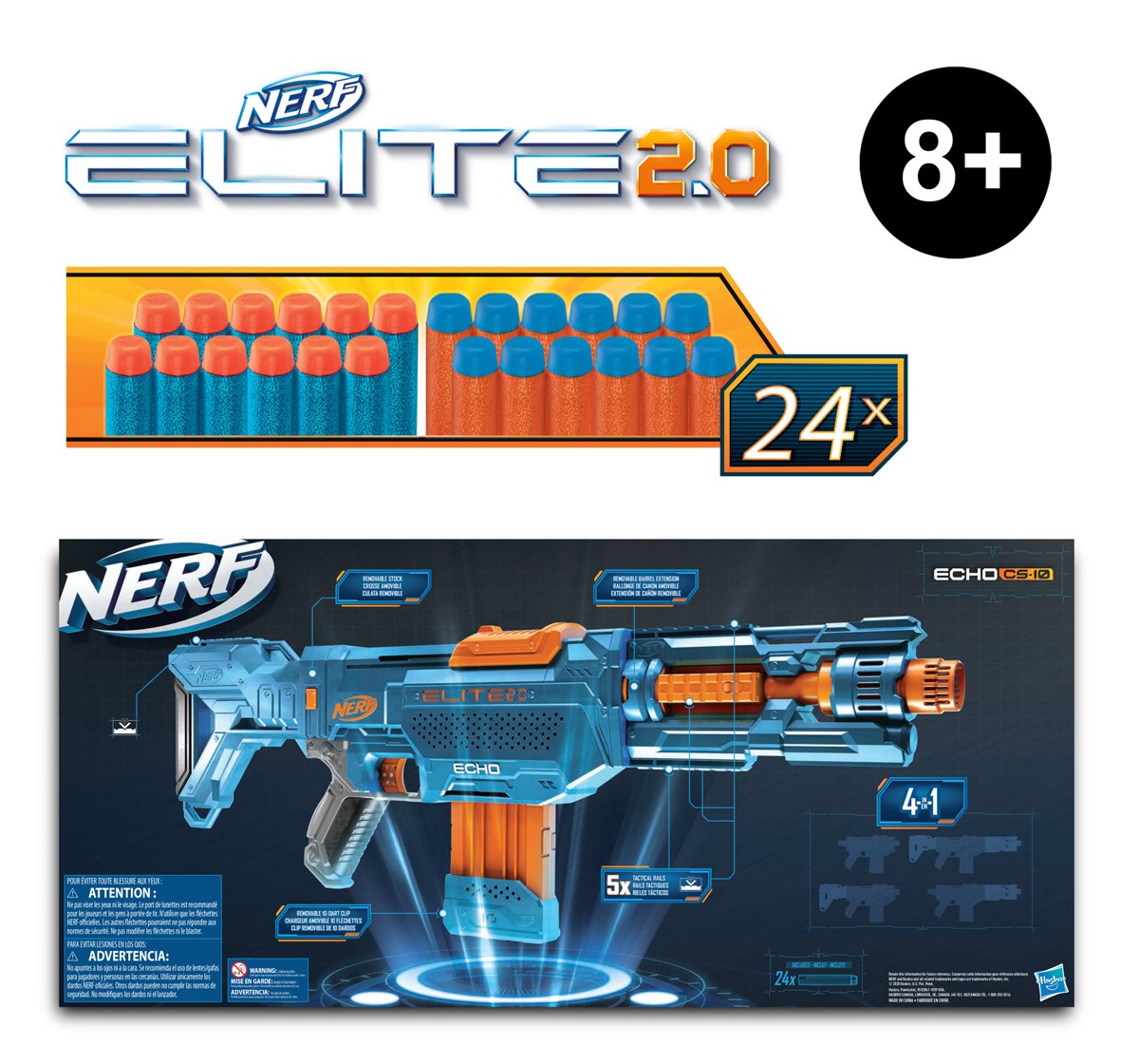 Nerf Elite 2.0 Echo CS-10 Blaster -- 24 Official Nerf Darts, 10-Dart Clip, Removable Stock and Barrel Extension, 8Y+ 