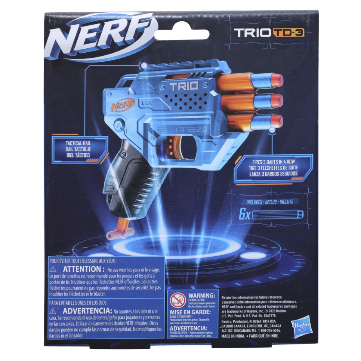 Nerf Elite 2.0 Trio Td-3 Blaster, 6 Nerf Elite Darts, 3-Barrel Blasting, Tactical Rail, 8 Yrs+