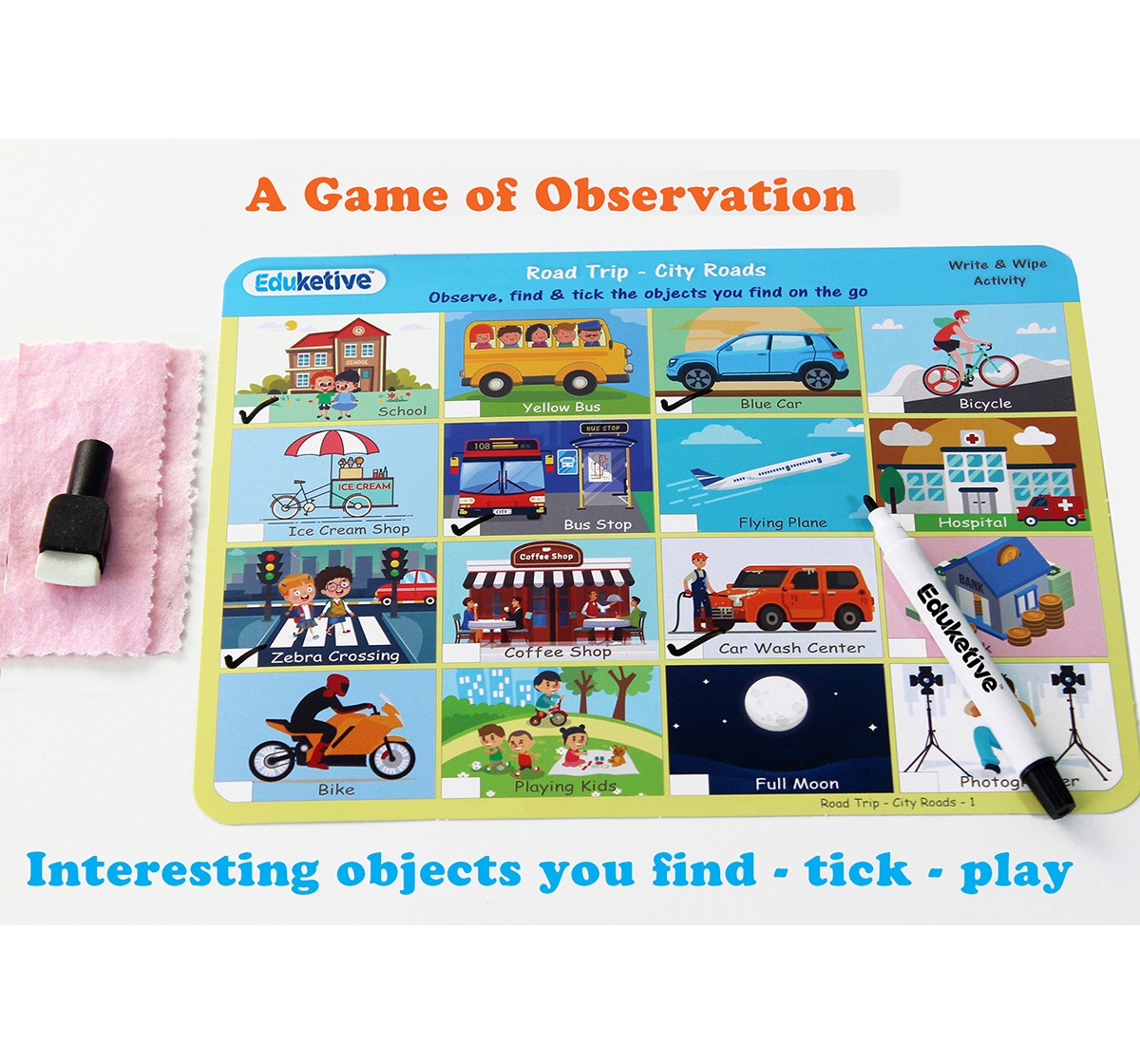 Eduketive Road Trip Write & Wipe Reusable Activity 3-9 Years Traveling Game Activitiy for Kids Observational Games with Marker - Gift for Kids
