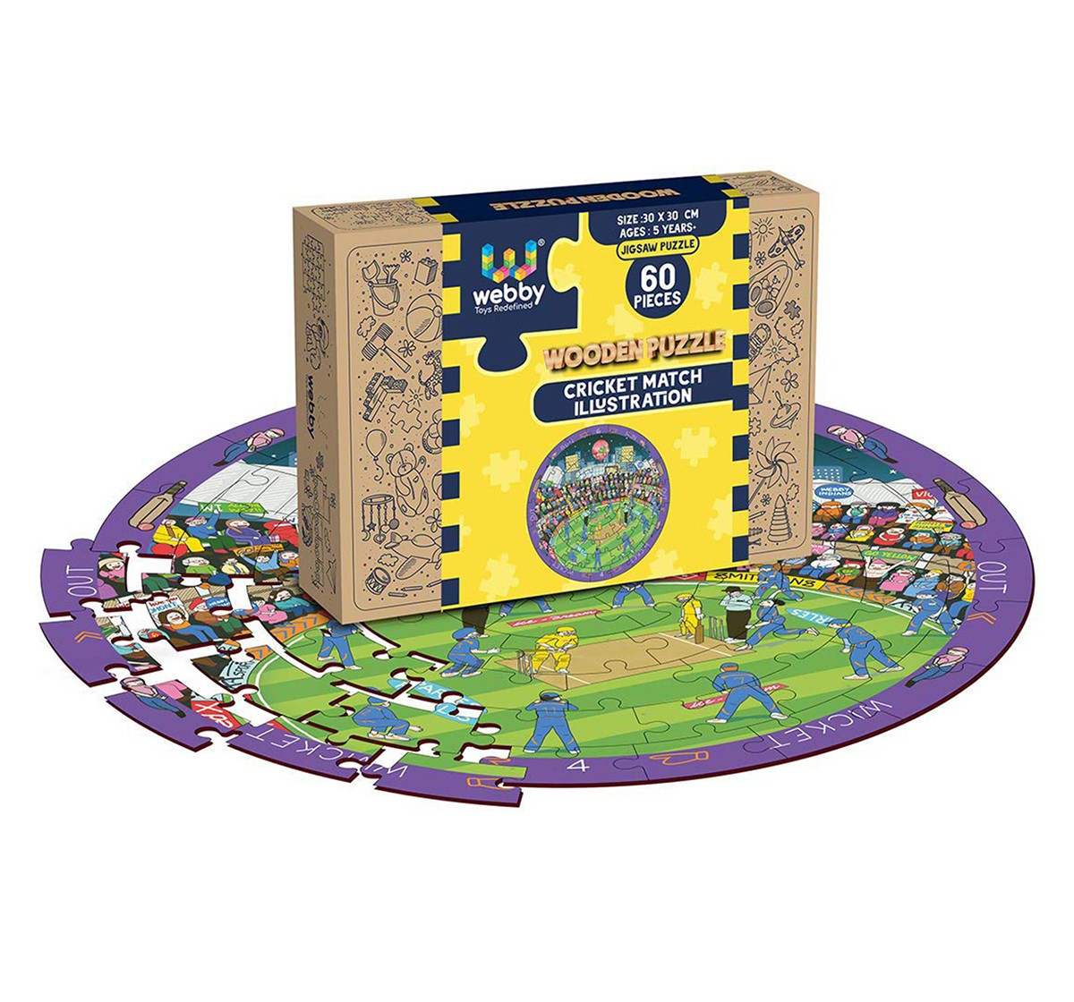 Webby Cricket Prmr League Rnd Wooden Puzzle 60pcs,  5Y+ (Multicolour)