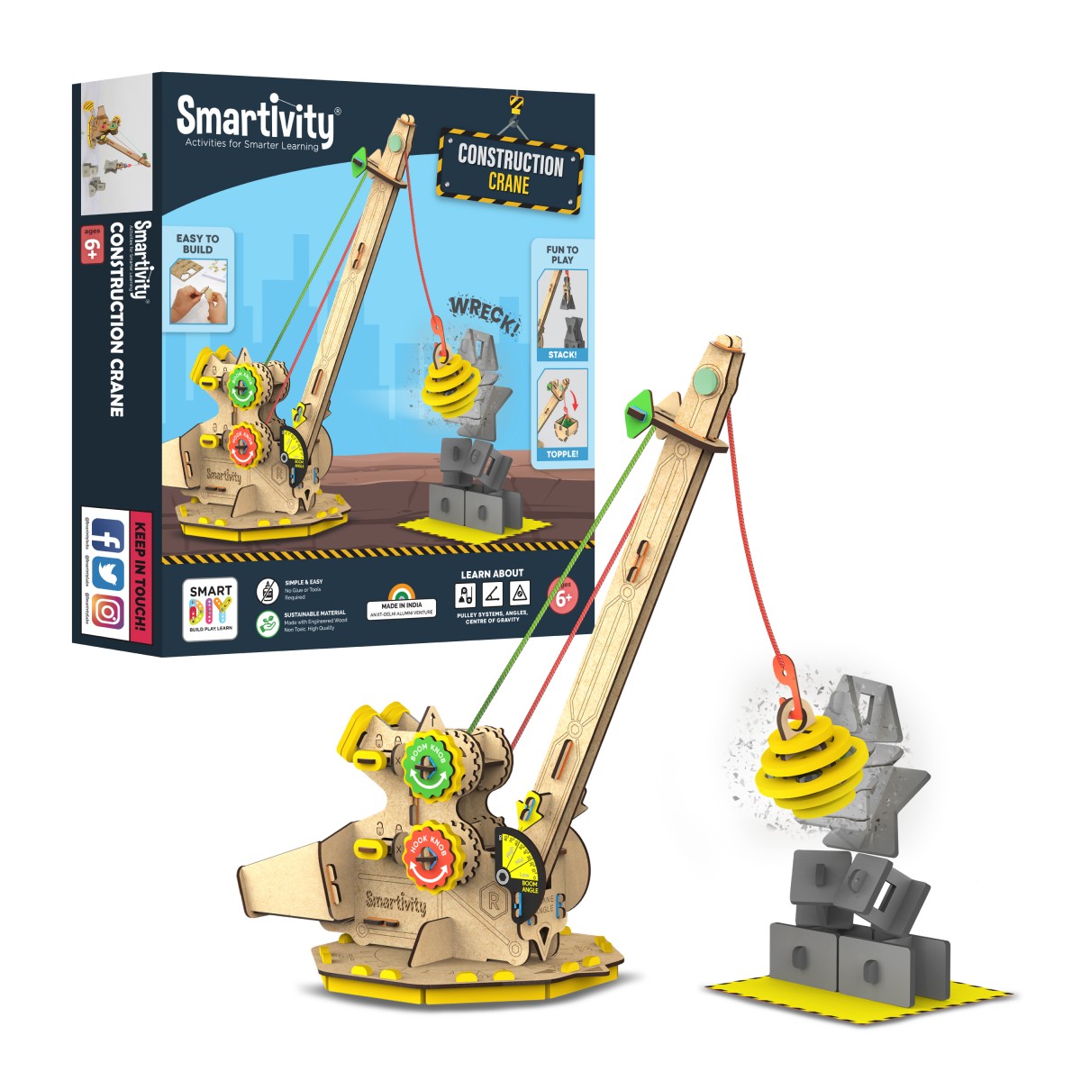 Smartivity Construction Crane with 3 Pulley, STEM DIY Fun Toy, Educational and Construction Based Activity Game Kit for Kids 6 to 14, Best Gift for Boys and Girls, Learn Science Engineering Project, Made in India by IIT Delhi Alumni