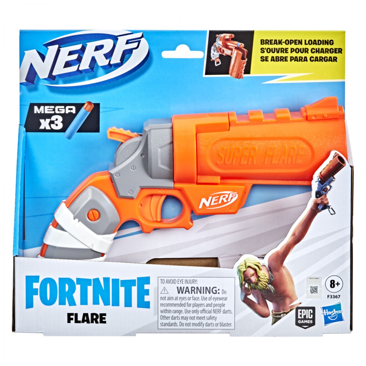 Nerf Fortnite Flare Dart Blaster, Break-Open Dart Loading, Includes 3 Nerf Mega Darts That Whistle Through The Air, Pull-Down Priming Handle, 8Yrs+