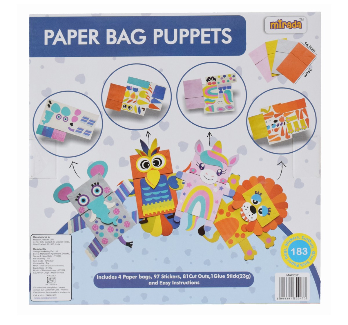 Paper Bag Puppets by Mirada for Kids of, Art and Craft Activity, Multicolor, Includes 4 Paper Bag, 97 Stickers, 81 Cut Outs, 1 Glue Stick