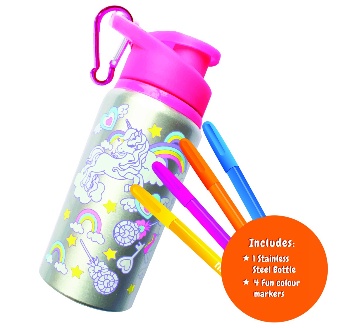 Colour Your Own Unicorn Stainless Steel Water Bottle by Mirada for Kids with 4 Fun Colour Markers, 6 Yrs +