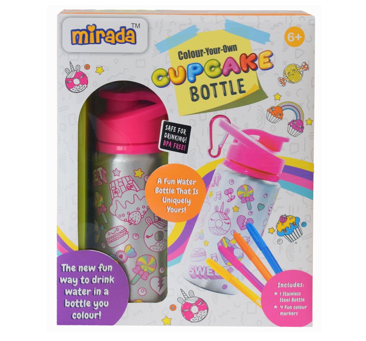 Colour Your Own Cupcake Stainless Steel Water Bottle by Mirada with Flip Lid for Kids with 4 Fun Colour Markers, 3 Years+