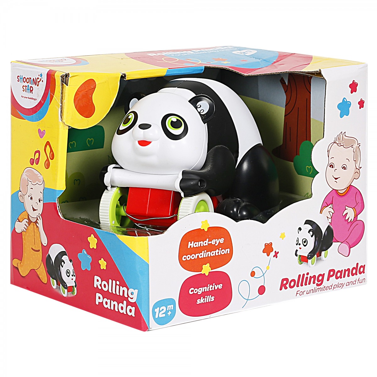 Shooting Star Rolling Panda for Unlimited Play & Fun, Black & White, 12M+