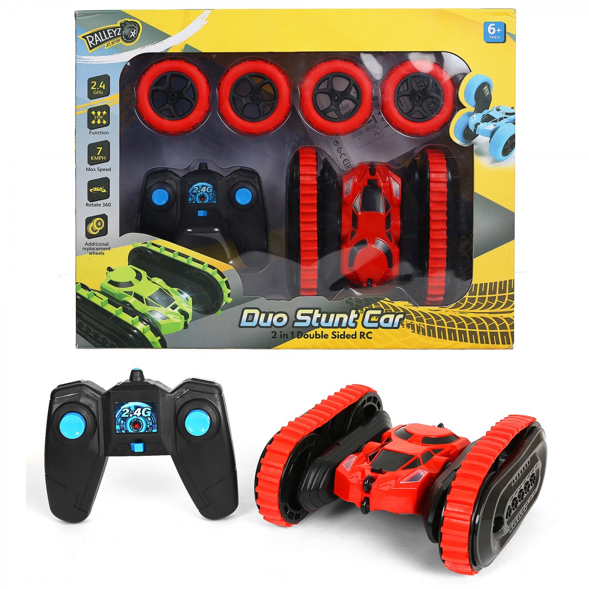 Ralleyz 2.4G 2 In1 Remote Control Stunt Car, Changeable Wheels With Charger, Red, 6Y+