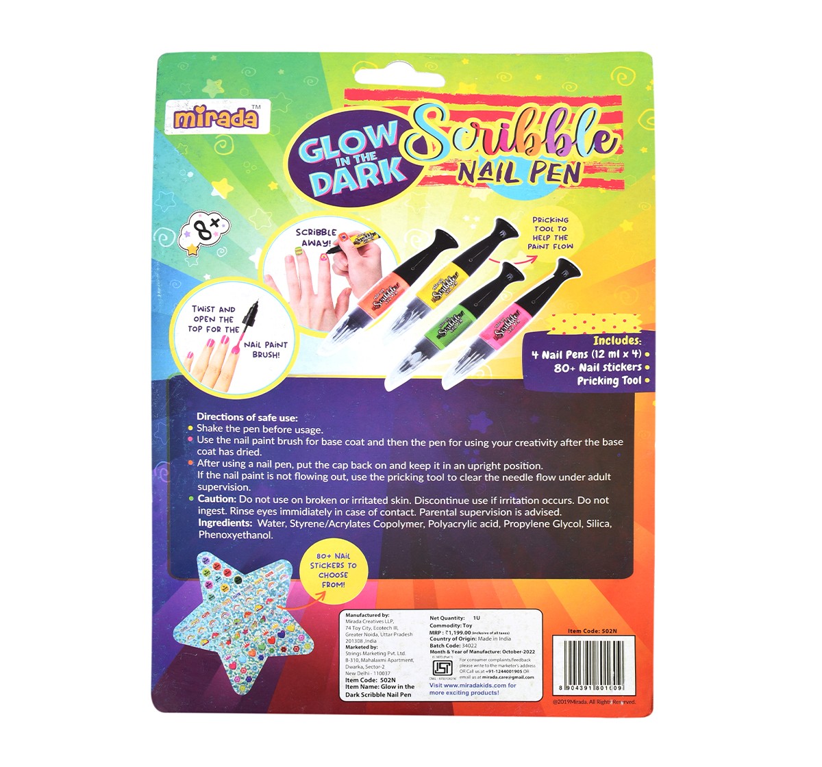 Mirada Glow in the Dark Scribble Nail Pen Nail Art Kit for Girl, 6Y+, Multicolour