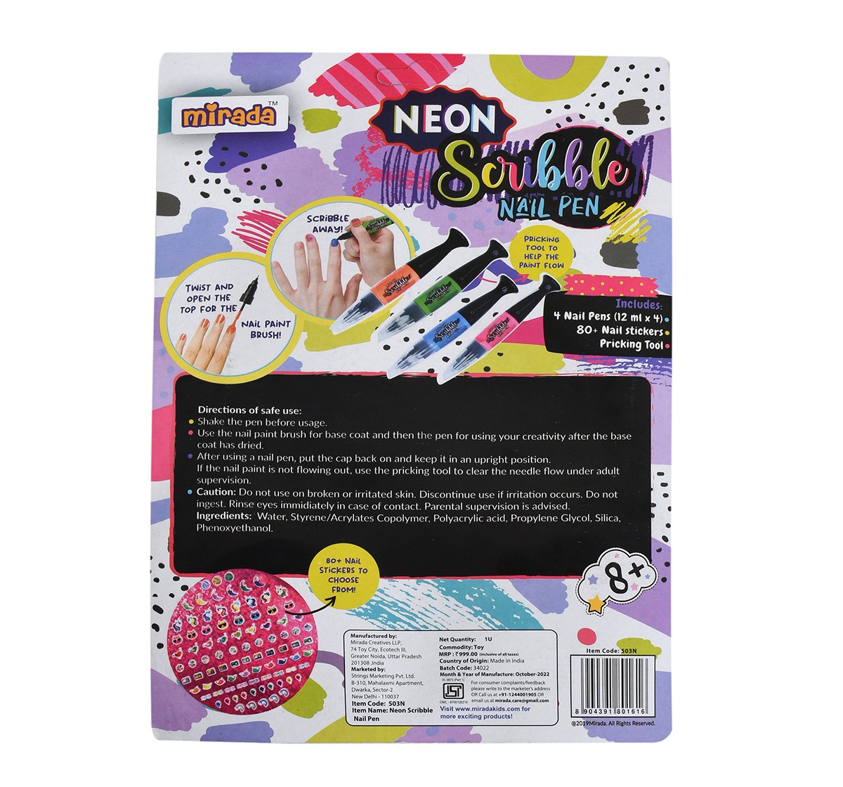 Mirada Neon Scribble Nail Pen Nail Art Kit for Girl, 6Y+, Multicolour