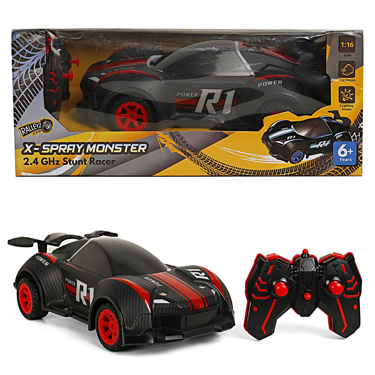Ralleyz X-Spray Monster Stunt Car, RC Car High Speed Mini 1:16 Scale, Remote Control Car for Kids, Kids for 6Y+, Black