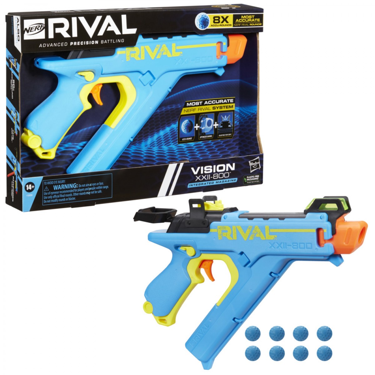 Nerf Rival Vision Xxii-800 Blaster, Most Accurate Nerf Rival System, Adjustable Sight, Integrated Magazine, 8 Nerf Rival Accu-Rounds, 14Yrs+, Multicolour