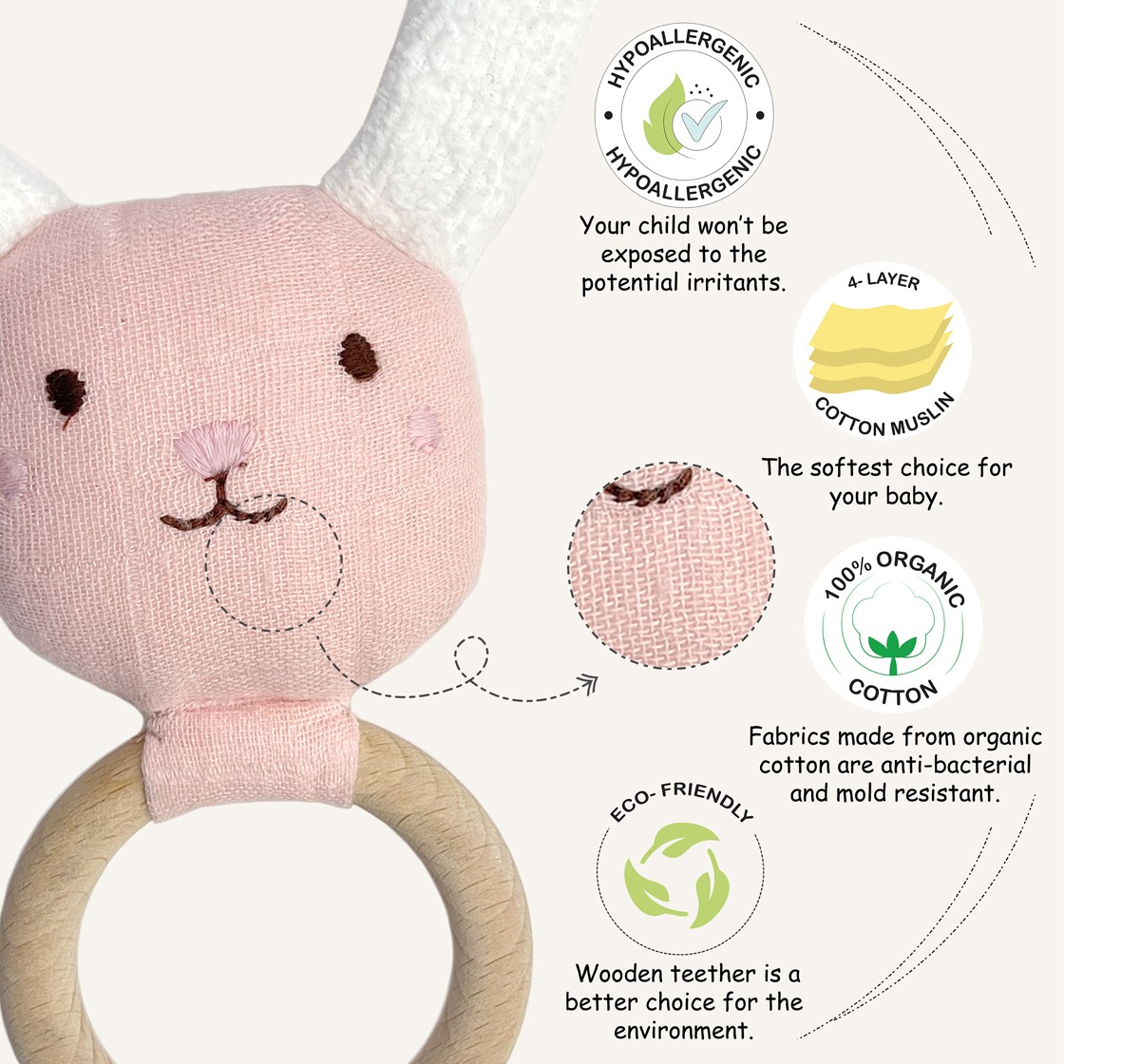 Abracadabra Organics Collectible Teether, Sensory Exploration and Teething Relief with Easy to Hold Handles, 0Y+ Bunny