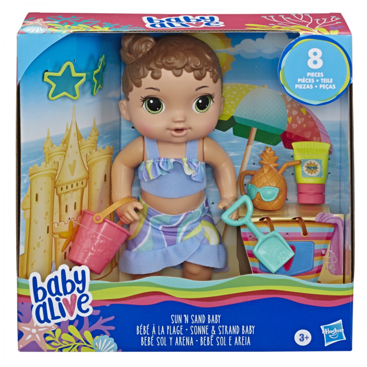 Baby Alive Sun 'N Sand Baby Brown Hair Doll With Beach Outfit And 5 Accessories, Toy For Kids Ages 3 Years Old And Up