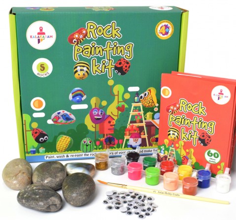 Kalakaram Kids Rock Painting Kit, with Re-usable Rock, Ultimate All in One Rock Art Kit, DIY Painting Set with Washable Paint For Kids, 5Y+, Multicolour