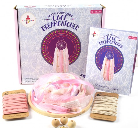 Kalakaram Pink Lace Dream Catcher Making Kit, DIY Craft Kit for Kids, Handmade DIY Lace Dream Catcher Kit, Home Decor Activity Kit for Girls, 10Y+, Multicolour