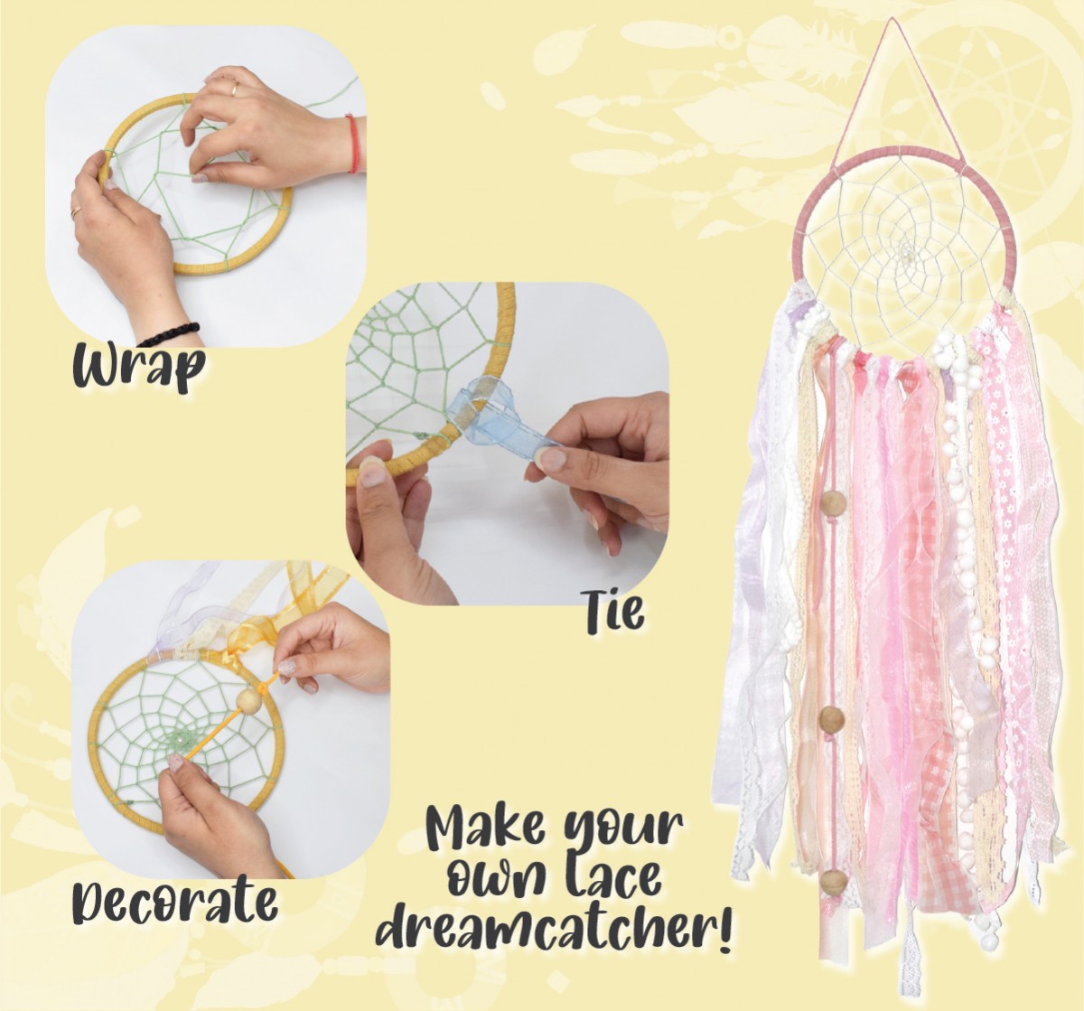 Kalakaram Pink Lace Dream Catcher Making Kit, DIY Craft Kit for Kids, Handmade DIY Lace Dream Catcher Kit, Home Decor Activity Kit for Girls, 10Y+, Multicolour