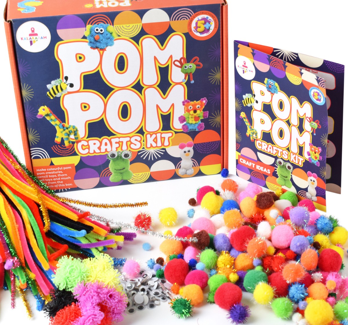 Kalakaram Pom Pom Crafts Kit for Kids, DIY Fun Activity for Kids 5 Year Old, DIY Hobby Crafts for Kids, Pom Pom Activity Kits, Multi Color, Art Craft Kit for Kids, 5Y+, Multicolour
