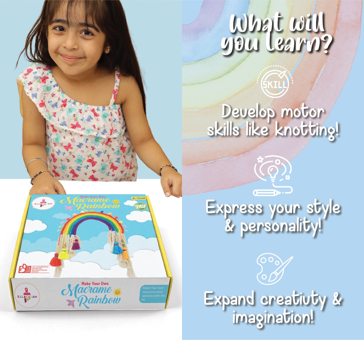 Kalakaram Make Your Own Macrame Rainbow Kit, DIY Room Decor Kit for Girls, Art & Craft Kit, Birthday Gift for Kids, Rainbow Home Decor Kit for Girls, 8Y+, Multicolour