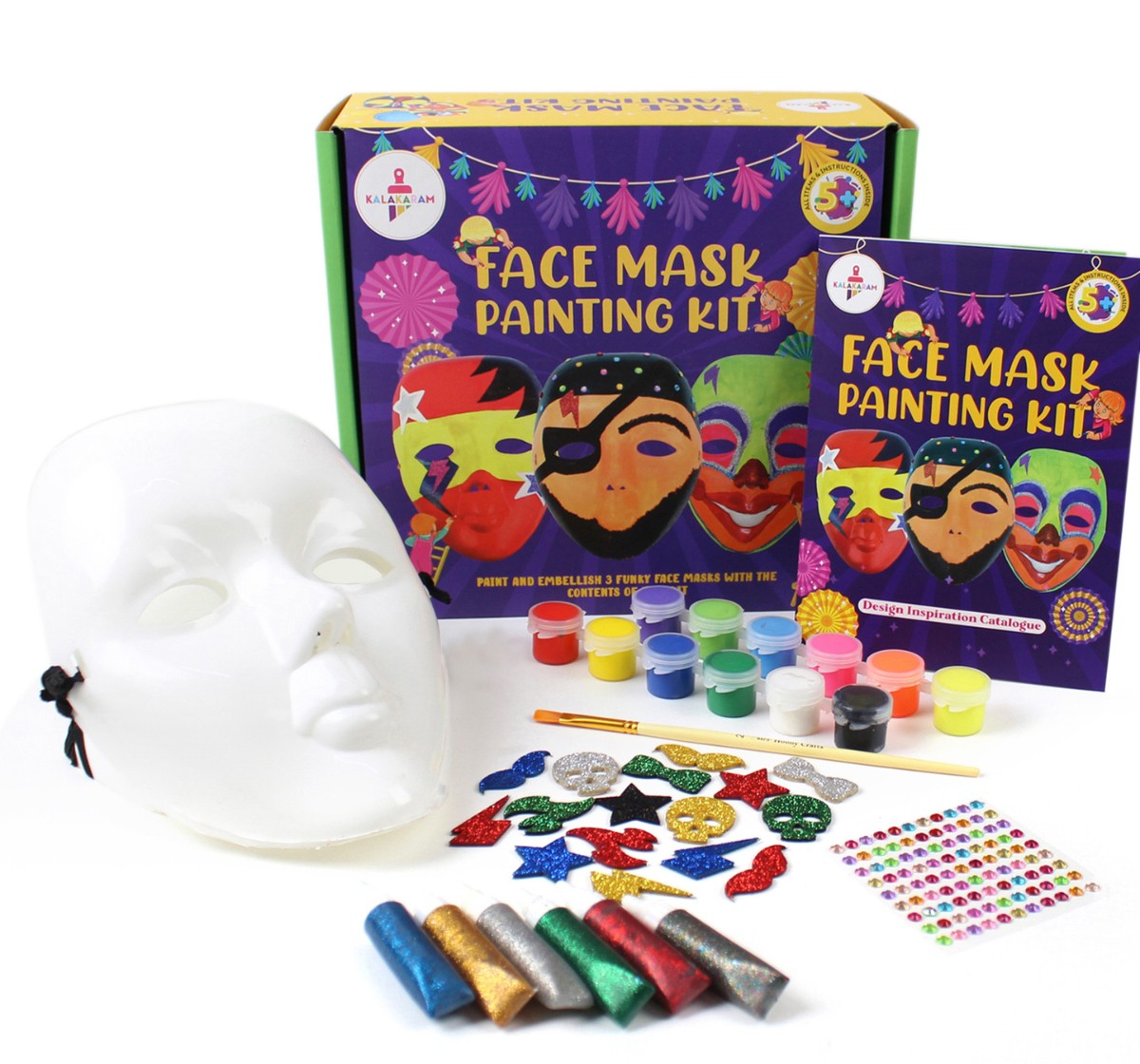 Kalakaram DIY Face Mask Painting Kit for Kids, Paint your Own Party mask with Content of this Kit, DIY Painting Kit for Kids, 5Y+, Multicolour