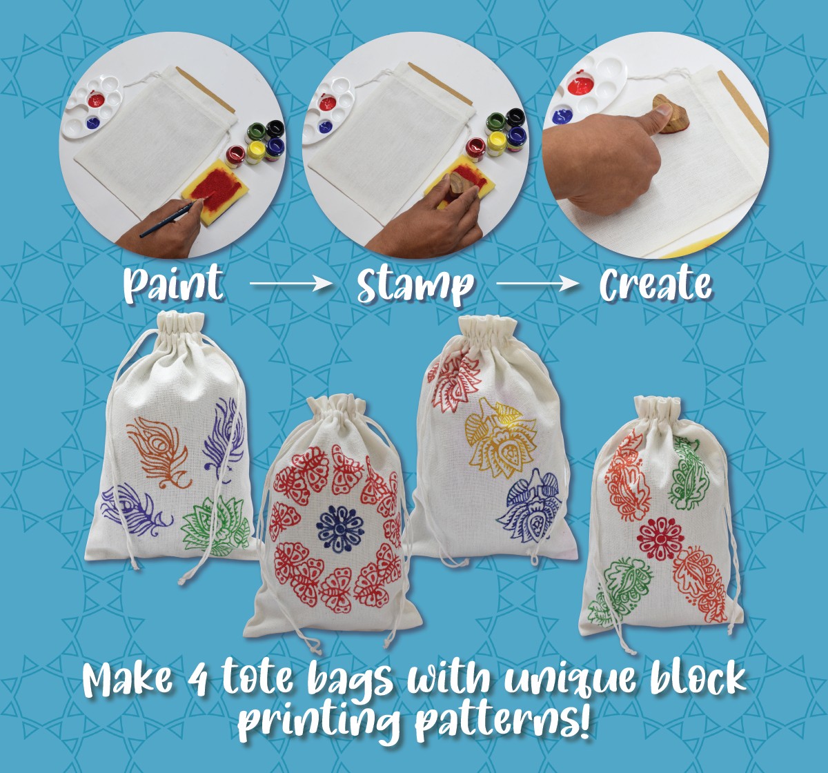 Kalakaram Block Priting Tote Bag Painting Kit for Kids, Paint your own Tote Bags, Kids Art and Craft Kit, Educational Gift for Kids, 12Y+, Multicolour
