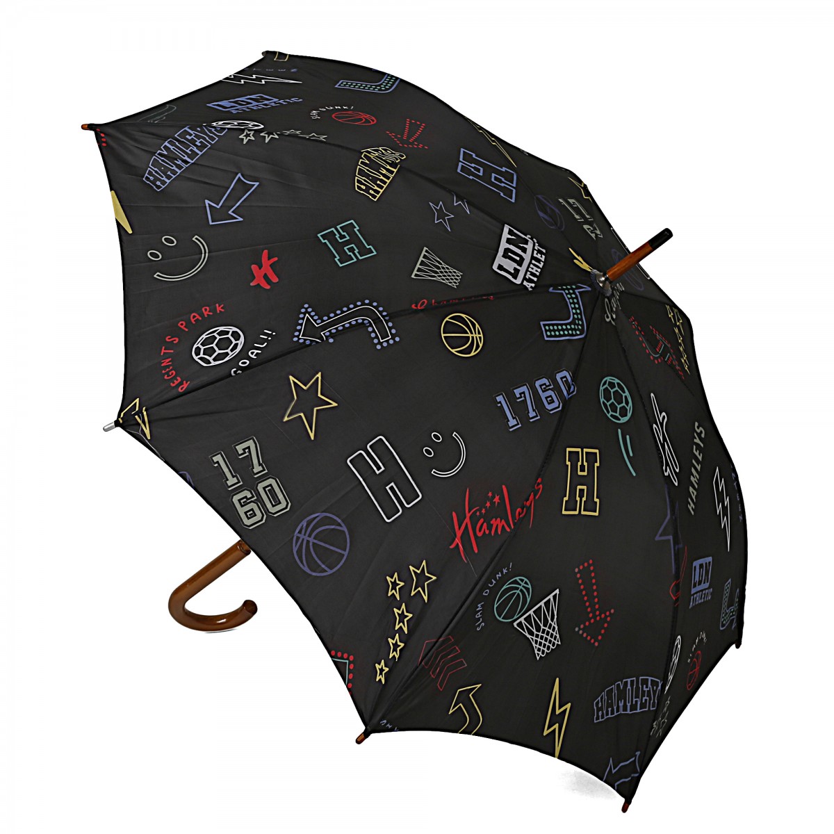 Hamleys London Athletic Print 28 inches Single Fold Rain Umbrella with Wooden Bend Handle and Auto Open Long Umbrellas, Kids for 5Y+, Black