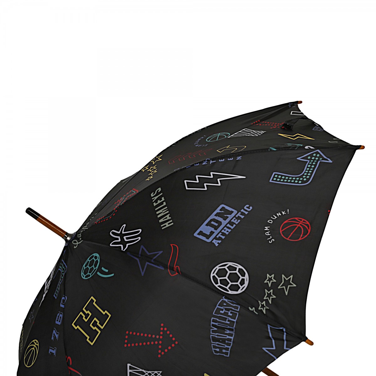 Hamleys London Athletic Print 28 inches Single Fold Rain Umbrella with Wooden Bend Handle and Auto Open Long Umbrellas, Kids for 5Y+, Black
