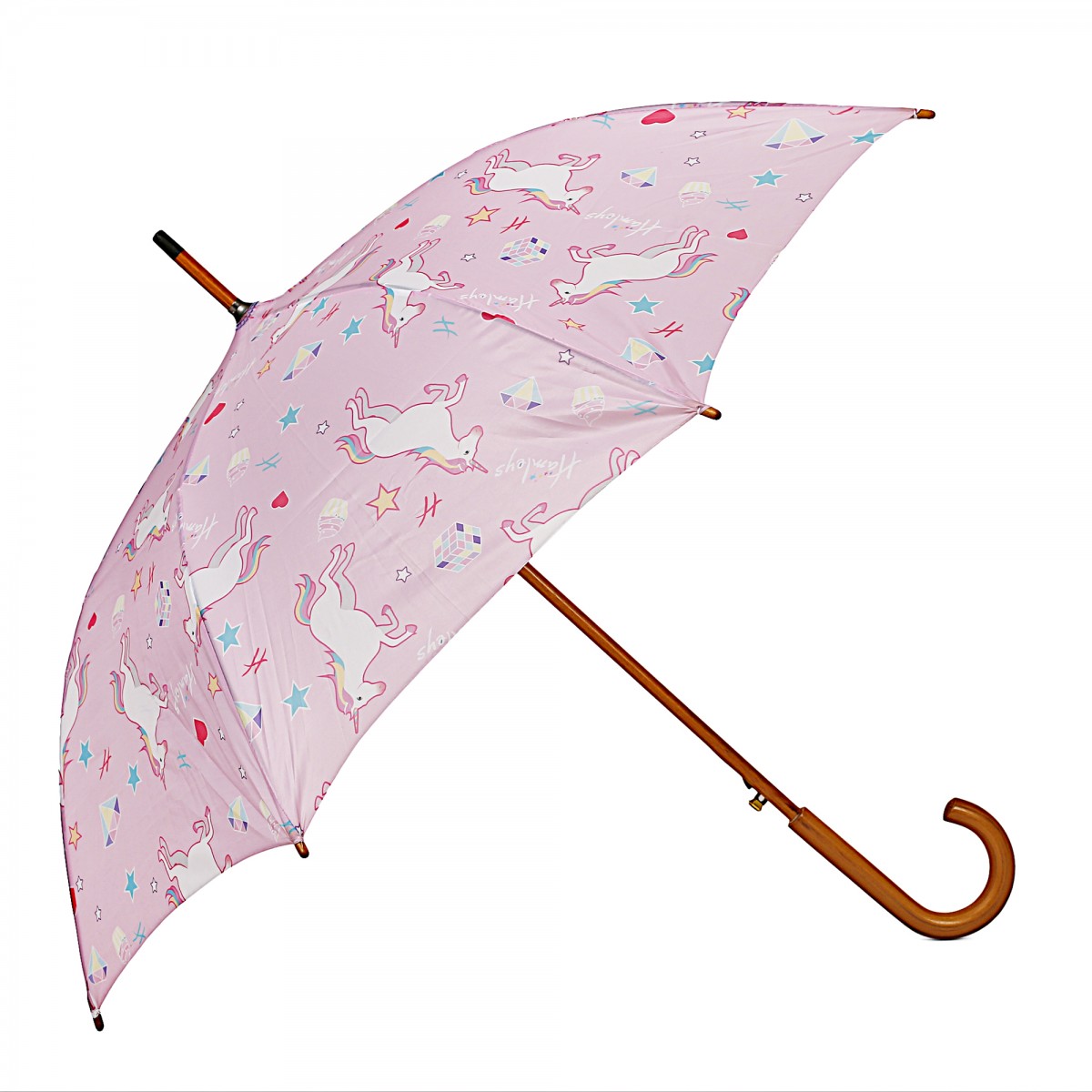 Hamleys London Unicorn Print 28 inches Single Fold Rain Umbrella with Wooden Bend Handle and Auto Open Long Umbrellas, Kids for 5Y+, Pink