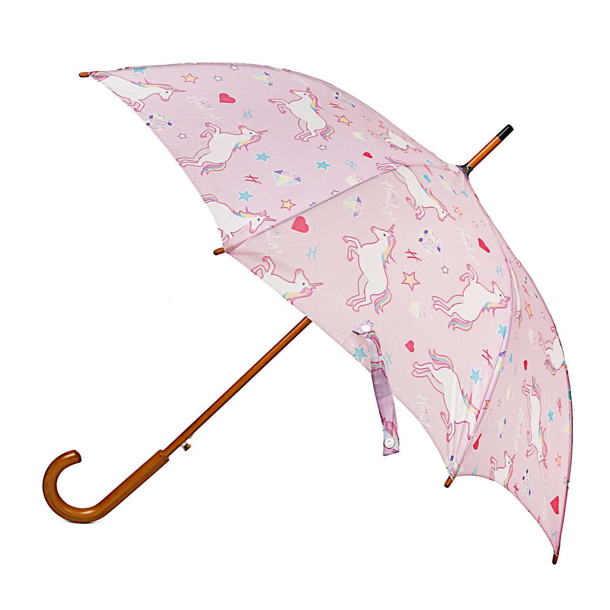 Hamleys London Unicorn Print 28 inches Single Fold Rain Umbrella with Wooden Bend Handle and Auto Open Long Umbrellas, Kids for 5Y+, Pink