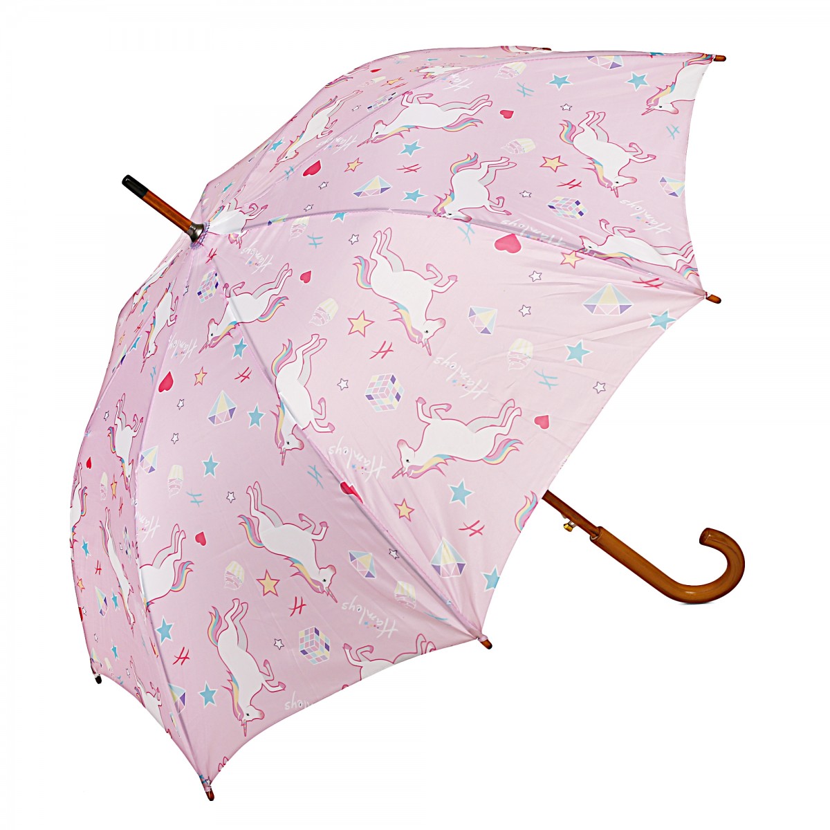 Hamleys London Unicorn Print 28 inches Single Fold Rain Umbrella with Wooden Bend Handle and Auto Open Long Umbrellas, Kids for 5Y+, Pink