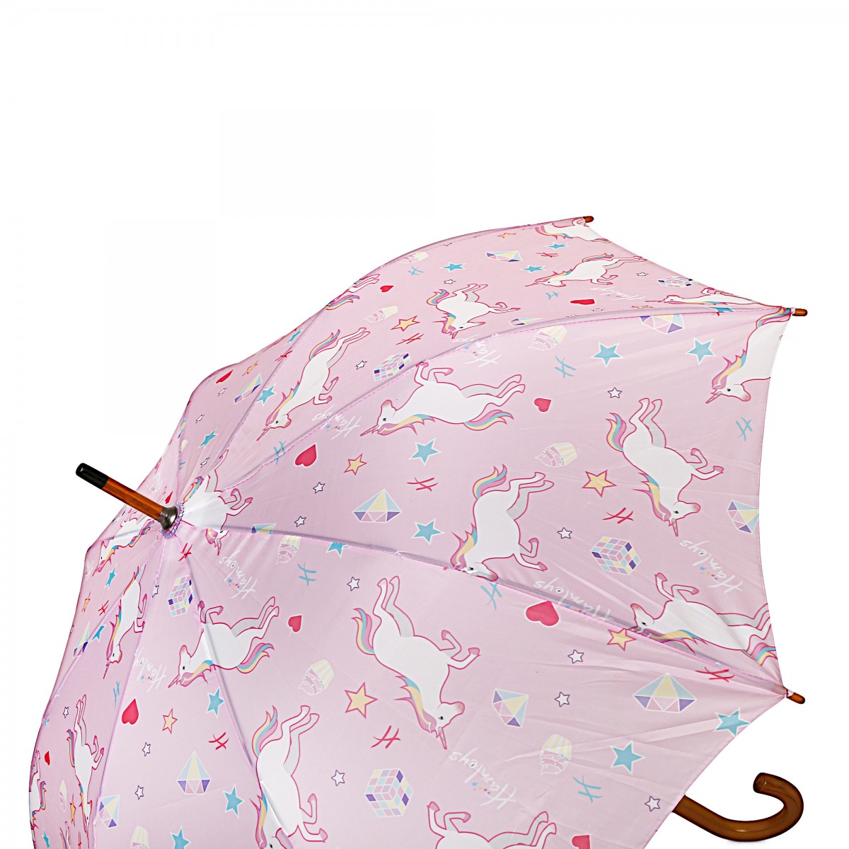 Hamleys London Unicorn Print 28 inches Single Fold Rain Umbrella with Wooden Bend Handle and Auto Open Long Umbrellas, Kids for 5Y+, Pink