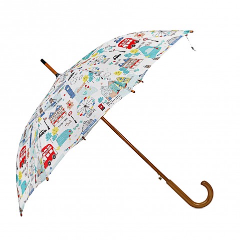 Hamleys London Big Ben Print 28 inches Single Fold Rain Umbrella with Wooden Bend Handle and Auto Open Long Umbrellas, Kids for 5Y+, White