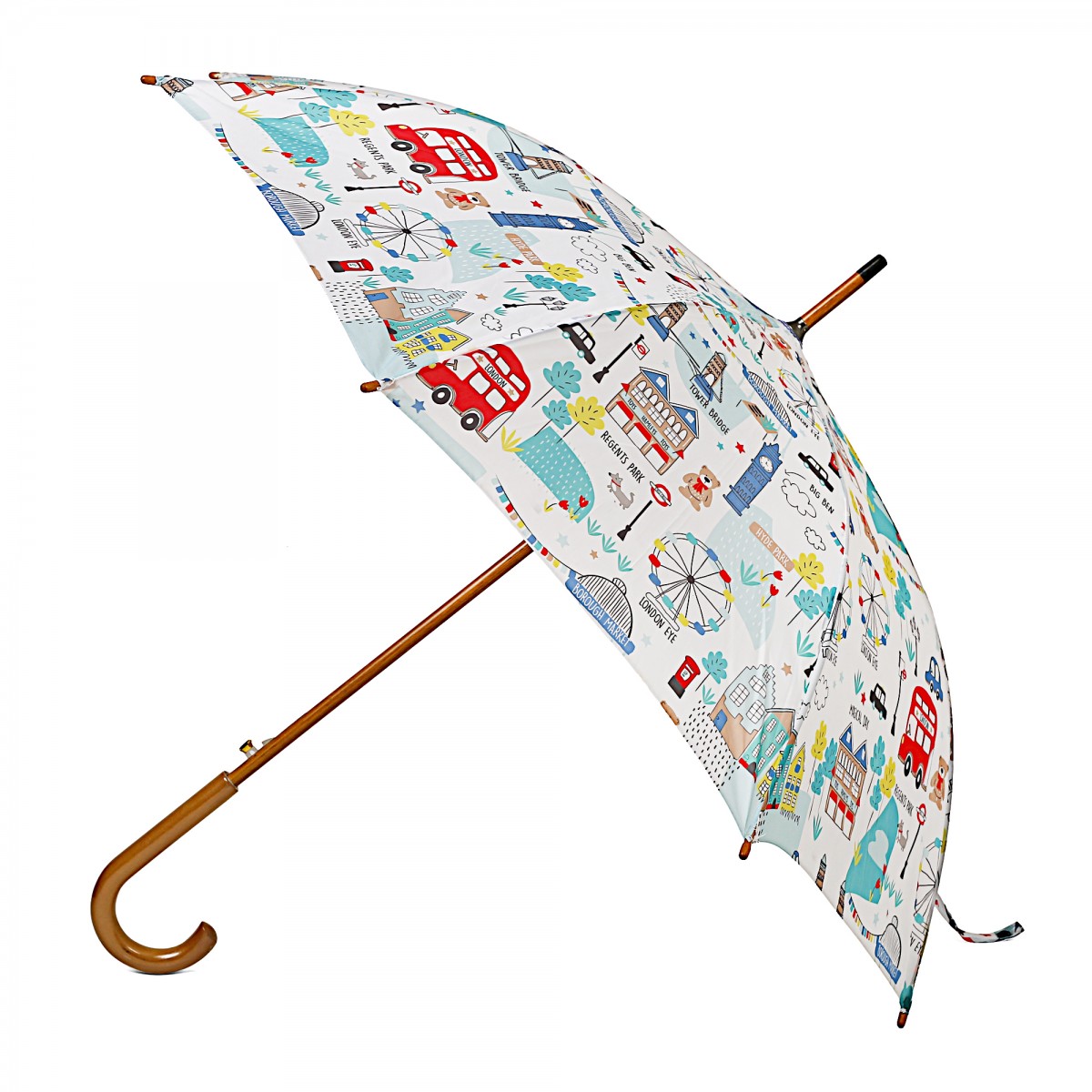 Hamleys London Big Ben Print 28 inches Single Fold Rain Umbrella with Wooden Bend Handle and Auto Open Long Umbrellas, Kids for 5Y+, White