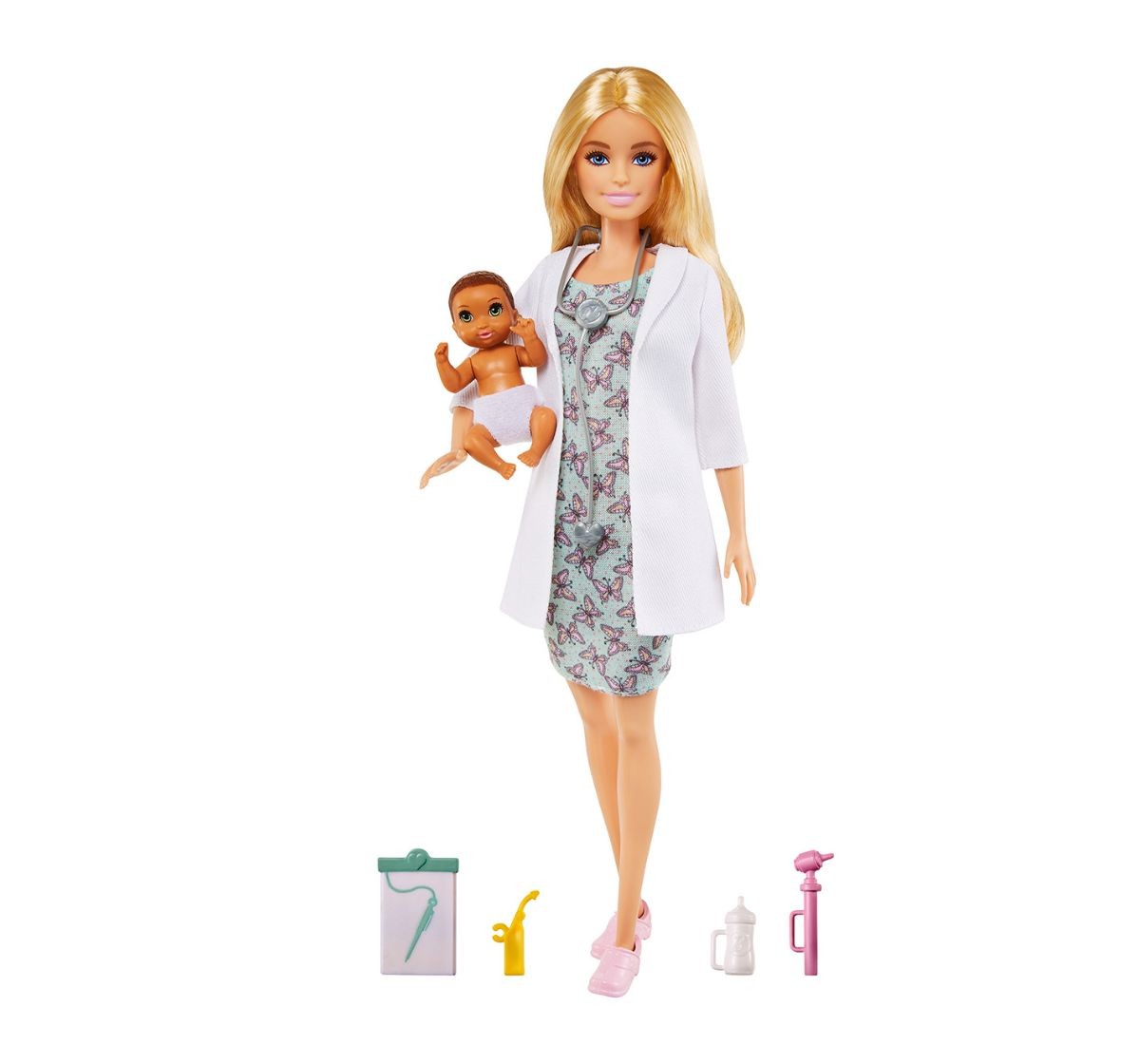 Barbie Baby Doctor Playset with Blonde Doll Infant Doll Stethoscope Thermometer Oscilloscope Chart Blanket Baby Bottle Kids for 3Y Multicolour