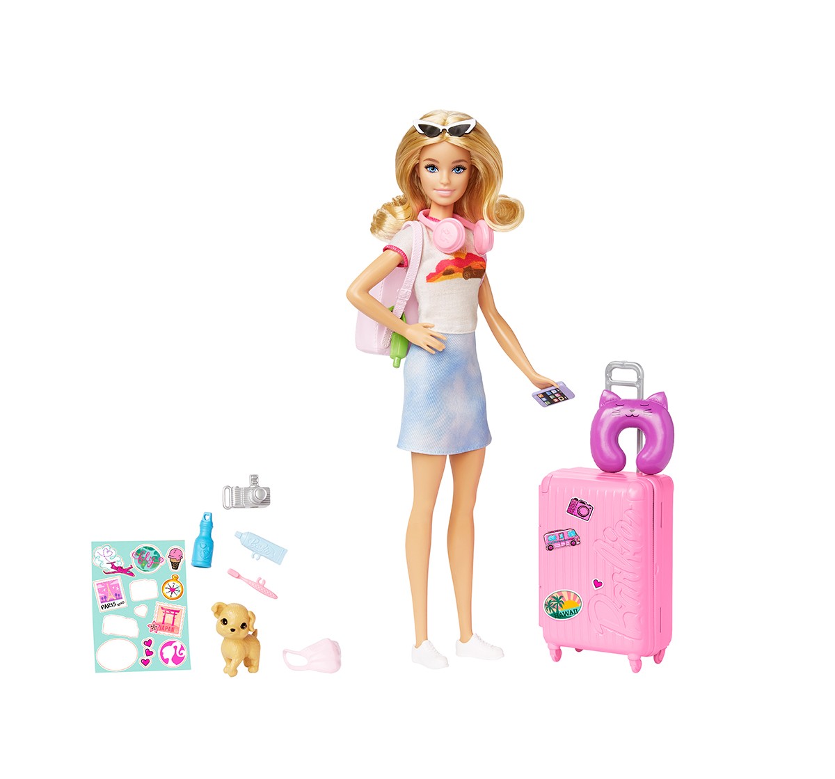 Barbie Doll and Accessories, “Malibu” Travel Set with Puppy and 10+ Pieces Including Working Suitcase, Kids for 3Y+, Multicolour