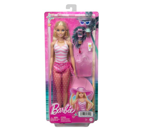 Barbie Blonde Doll with Pink and White Swimsuit, Sun Hat, Tote Bag and Beach-Themed Accessories, Kids for 3Y+, Multicolour