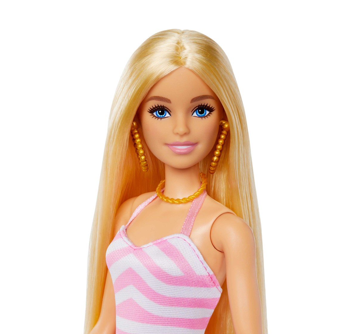 Barbie Blonde Doll with Pink and White Swimsuit, Sun Hat, Tote Bag and Beach-Themed Accessories, Kids for 3Y+, Multicolour