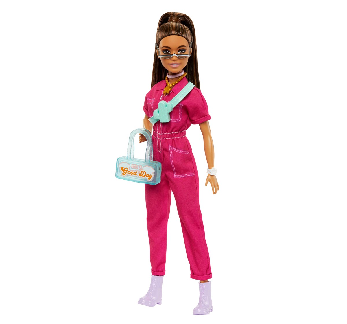 Barbie Doll in Trendy Pink Jumpsuit with Storytelling Accessories and Pet Puppy, Brown Hair in High Ponytail, Kids for 3Y+, Multicolour