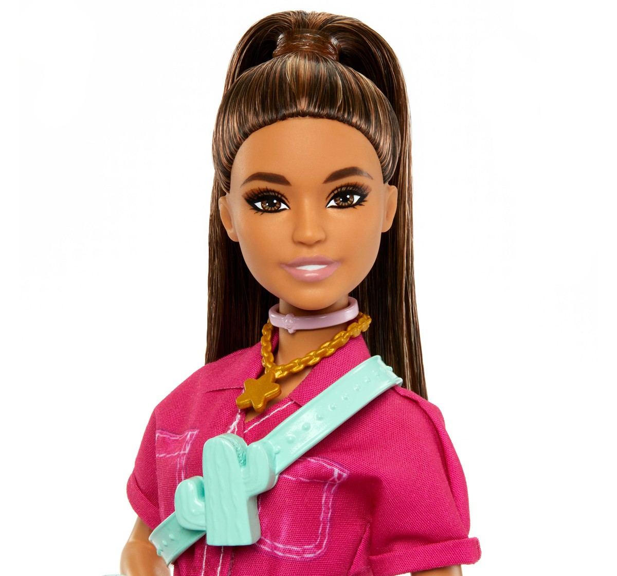 Barbie Doll in Trendy Pink Jumpsuit with Storytelling Accessories and Pet Puppy, Brown Hair in High Ponytail, Kids for 3Y+, Multicolour