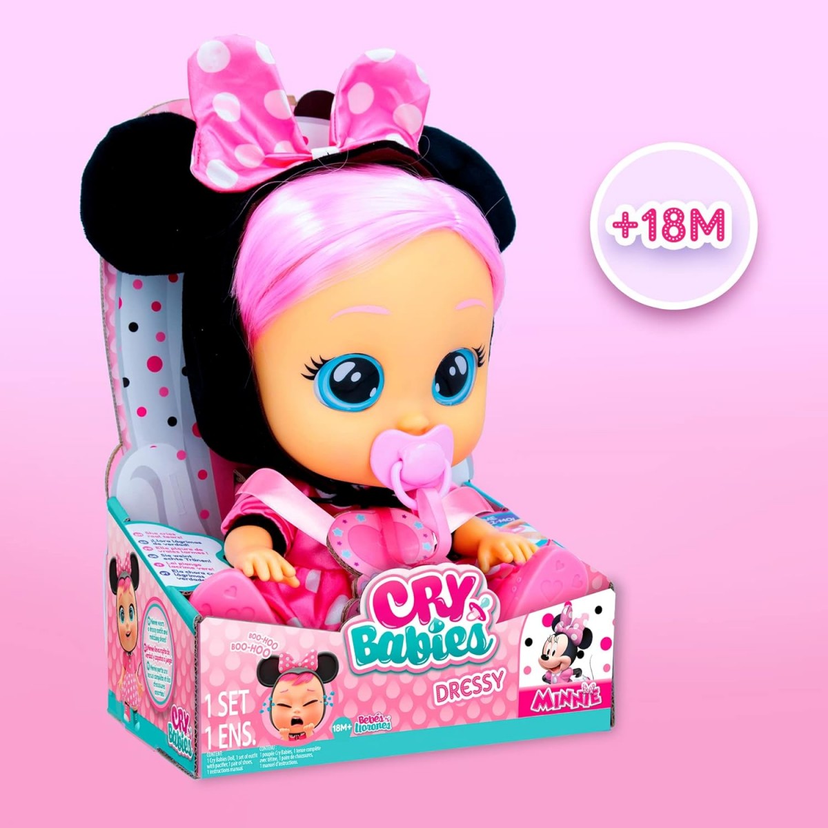 Cry Babies Dressy Minnie Interactive Doll that Cries real Tears with Hair to Style, Clothes to Wear and Accessories to Play, Multicolour, 18M+