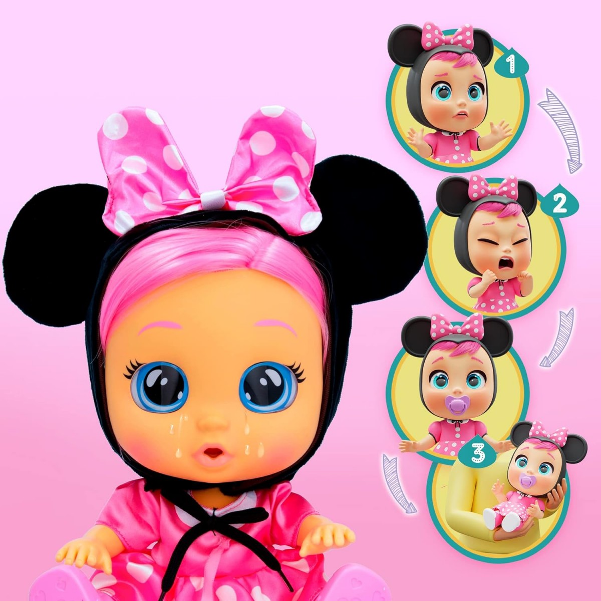 Cry Babies Dressy Minnie Interactive Doll that Cries real Tears with Hair to Style, Clothes to Wear and Accessories to Play, Multicolour, 18M+