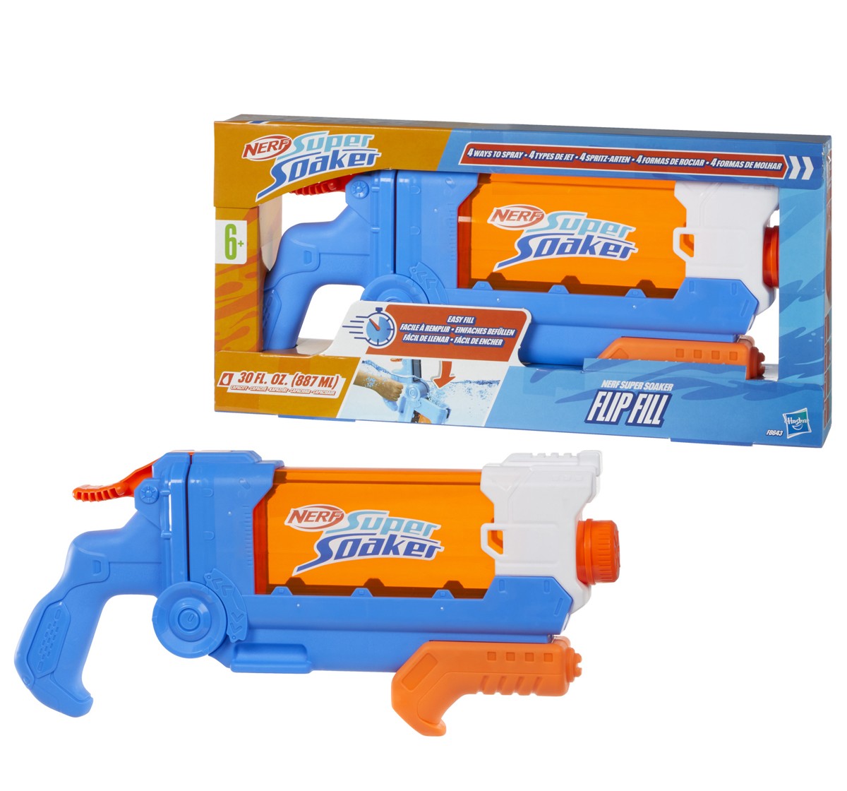 Nerf Super Soaker Flip Fill Water Blaster, 4 Spray Styles, Fast Fill, 30 Fluid Ounce Tank, Water Toys for 6Y+